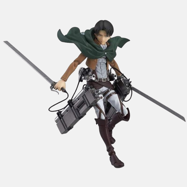 Figurine articulée Figma de Livaï Ackerman de L'Attaque des Titans, en pose de combat aérienne avec son équipement tridimensionnel et ses deux lames.