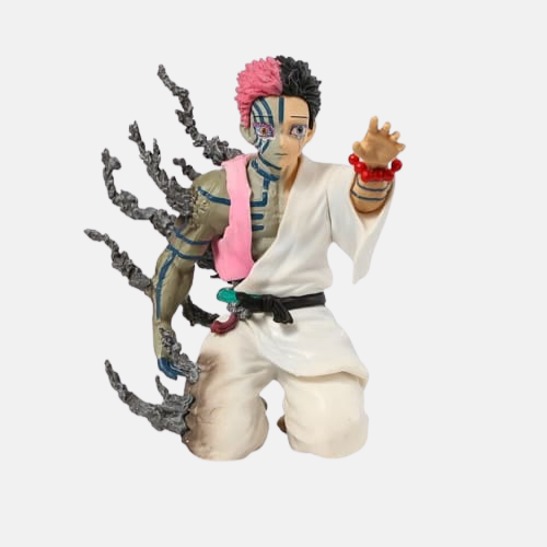 Gros plan sur le visage de la figurine Akaza en train de se reconstituer.