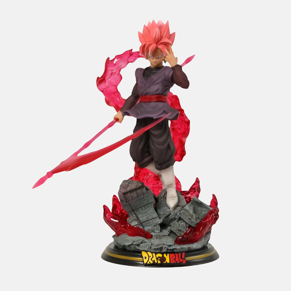 Vue de profil de la figurine Black Goku Rosé 26cm, montrant son potala et son aura.