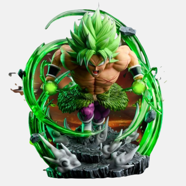 Gros plan sur l'effet d'aura verte translucide de la figurine Broly LSSJ 16cm.