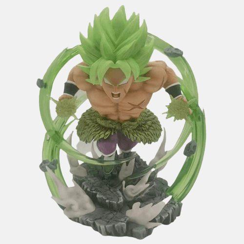 Figurine de Broly en Super Saiyan Légendaire (LSSJ) de Dragon Ball Z, entouré d'une aura d'énergie verte, vue de face.