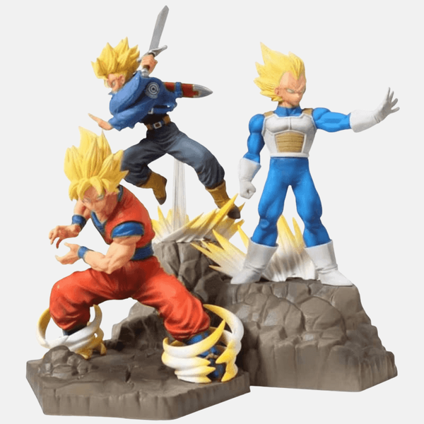 Figurine diorama Son Goku, Vegeta et Trunks 18cm - Pose de combat dynamique sur socle rocheux