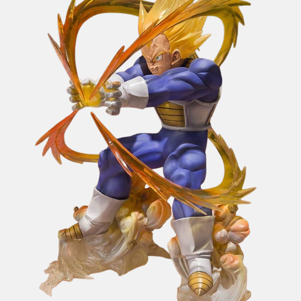 Figurine diorama Vegeta, Trunks et Son Goku 18cm - Pose de combat dynamique sur socle rocheux