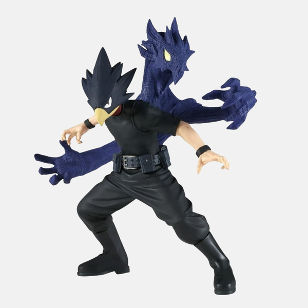 Figurine de Fumikage Tokoyami de My Hero Academia, avec son Alter Dark Shadow émergeant de son dos en position d'attaque.