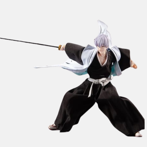 Vue de profil de la figurine Gin Ichimaru, montrant sa posture calme et la position de son Zanpakutō Shinsō à sa taille.