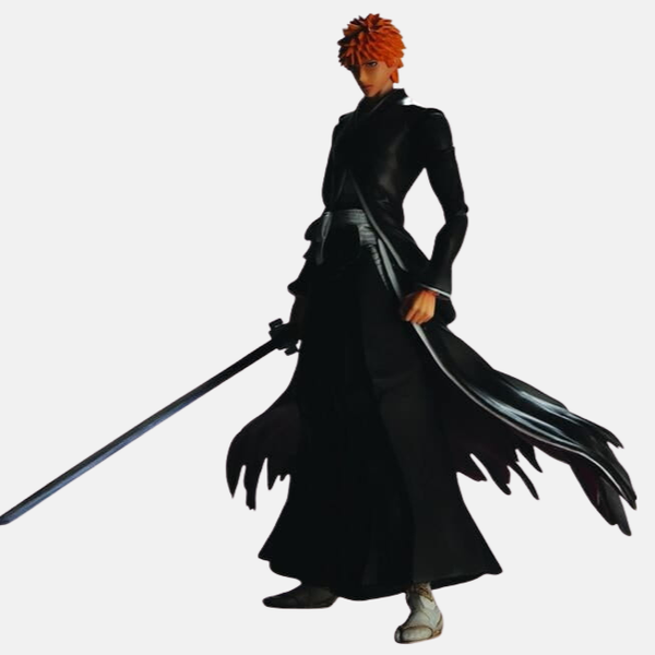 Vue de profil de la figurine Ichigo Kurosaki en Bankai de 25cm, mettant en valeur la silhouette élancée de la lame Tensa Zangetsu.