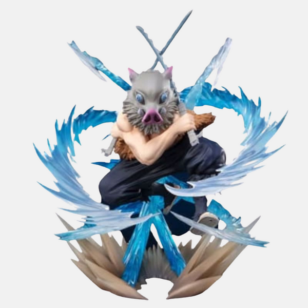 Figurine de Inosuke Hashibira de Demon Slayer, sans masque et en pleine attaque, entouré des effets de son Souffle de la Bête.