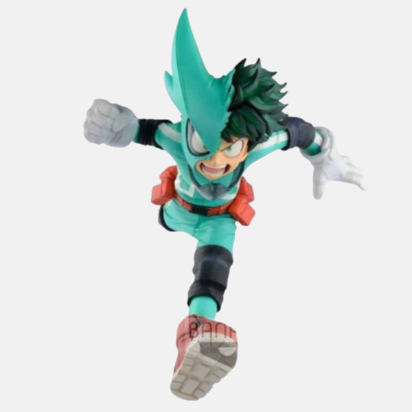 Figurine de Izuku Midoriya (Deku) en plein coup de pied sauté "Shoot Style", avec une expression de cri de guerre.
