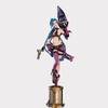 Figurine de Jinx en PVC de 22cm, vue de face, dans une pose d'action avec un regard de défi, montrant les détails de sa tenue et de ses tresses bleues.