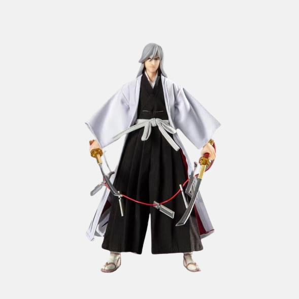 Vue de dos de la figurine de Jūshirō Ukitake, mettant en valeur l'emblème de la 13ème Division imprimé sur son haori blanc et la position de son Zanpakutō.