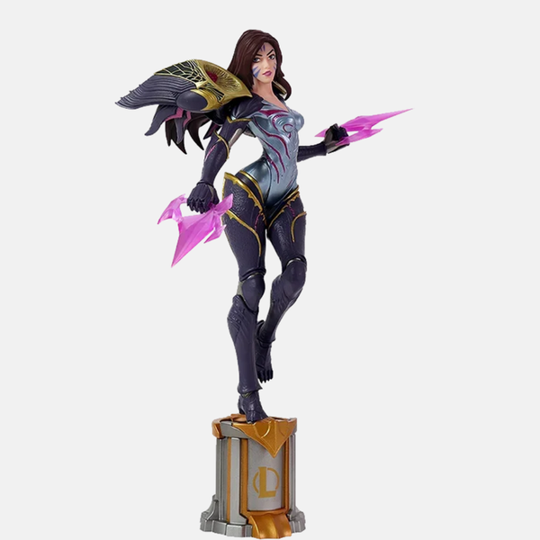 Figurine de Kai'Sa (22cm), vue de face, dans sa combinaison symbiotique du Vide, avec ses canons d'épaule flottants.