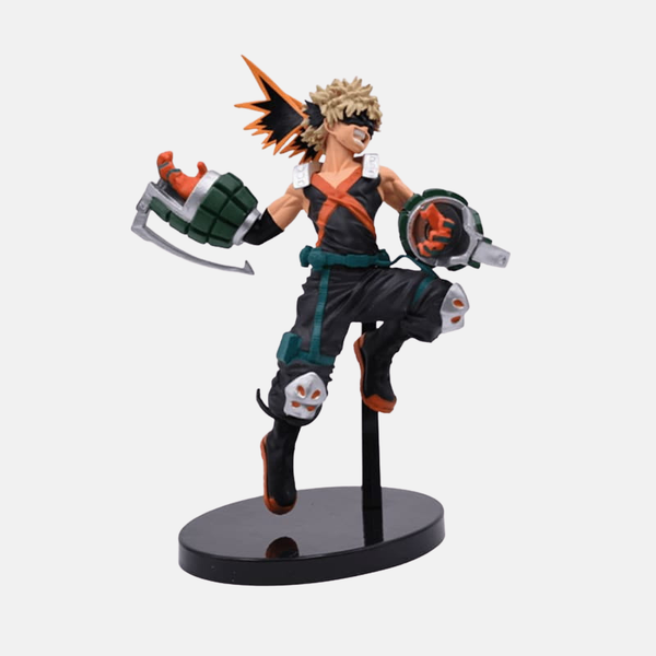 Figurine de Katsuki Bakugo de My Hero Academia, debout, en tenue de héros, avec une expression de défi sur le visage.