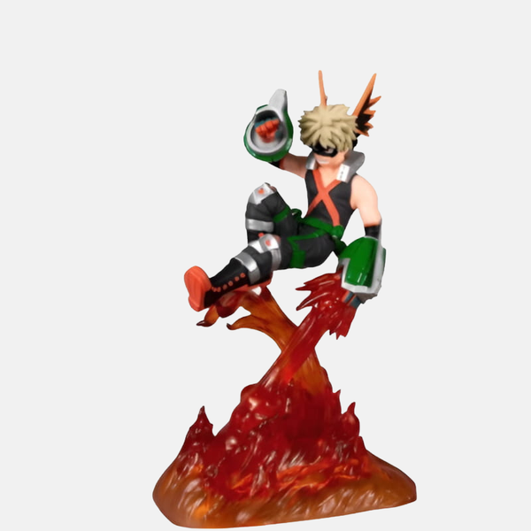 Figurine de Katsuki Bakugo de My Hero Academia, propulsé en l'air par une explosion massive et rougeoyante qui forme le socle.