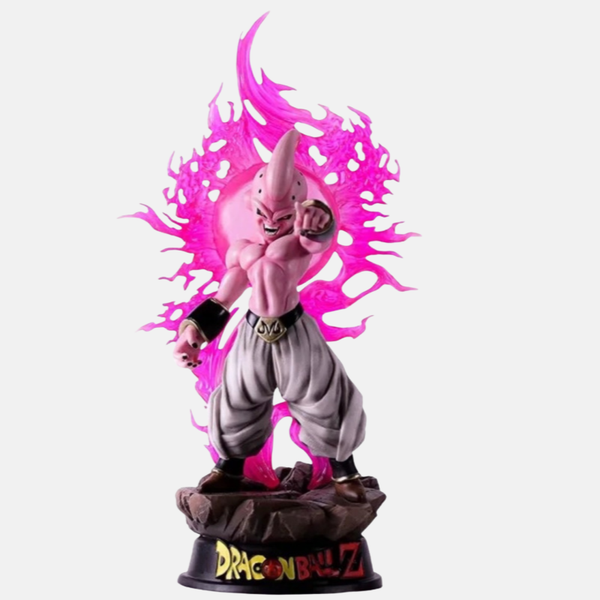 Figurine de Kid Buu (Majin Buu) de Dragon Ball Z, entouré d'une aura de Ki rose massive, vue de face.