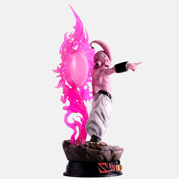 Vue de profil de la figurine Kid Buu 35cm, montrant son aura de Ki rose et sa pose de combat.