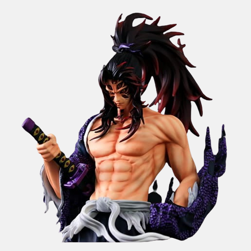 Gros plan sur les six yeux et les marques démoniaques de la figurine Kokushibo.