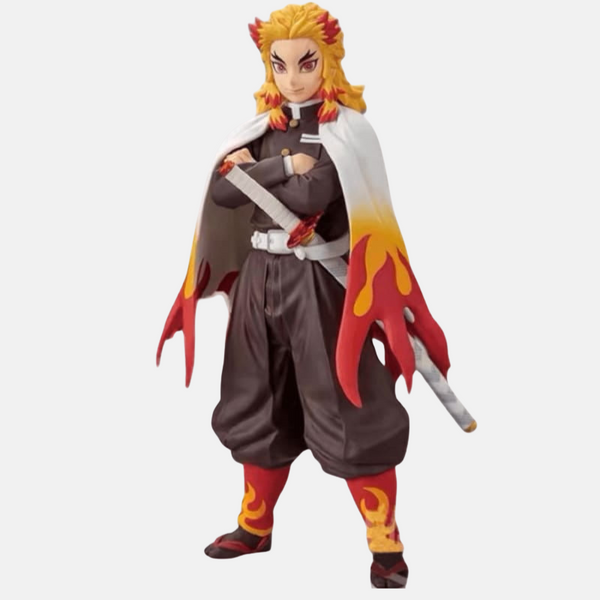 Figurine de Kyojuro Rengoku, le Pilier de la Flamme de Demon Slayer, en pose standard, main sur son sabre.