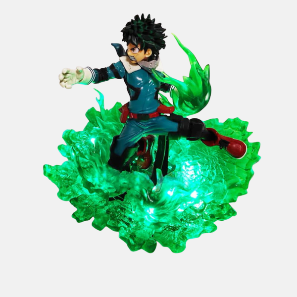 Figurine LED de Izuku Midoriya (Deku) au centre d'un tourbillon d'énergie verte du One For All.