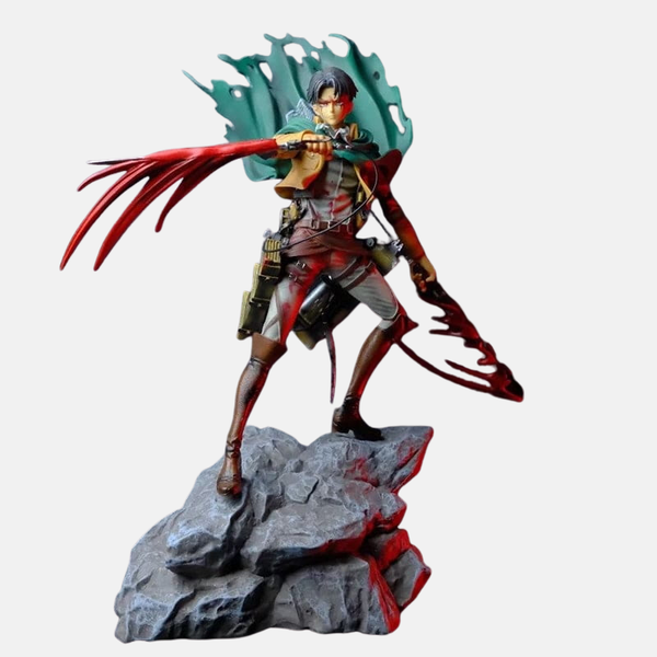 Vue de profil de la figurine de Livaï Ackerman, montrant sa vitesse et son corps tendu en plein vol, lames en main.