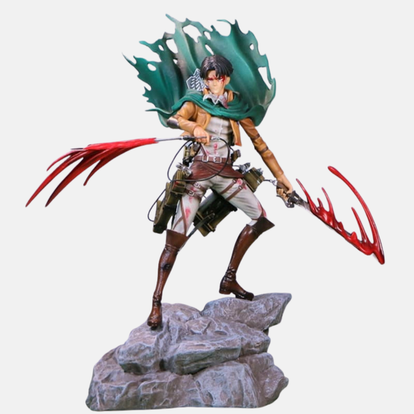 Figurine de Livaï Ackerman de L'Attaque des Titans, en pose d'action, propulsé en avant par un effet de fumée de son équipement tridimensionnel.