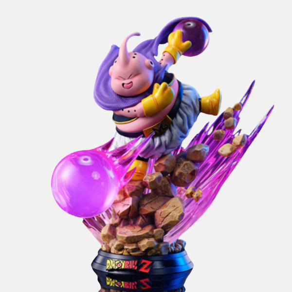 Figurine de Majin Buu (Gros Buu) de Dragon Ball Z, en pose d'attaque "Blast" avec effet d'énergie violet, vue de face.