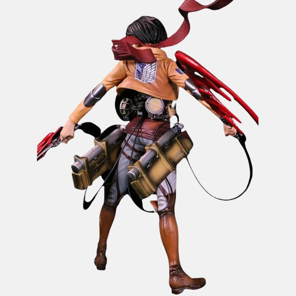 Vue de profil de la figurine Mikasa Ackerman, montrant le mécanisme de lancement des Lances Foudroyantes et son mouvement.