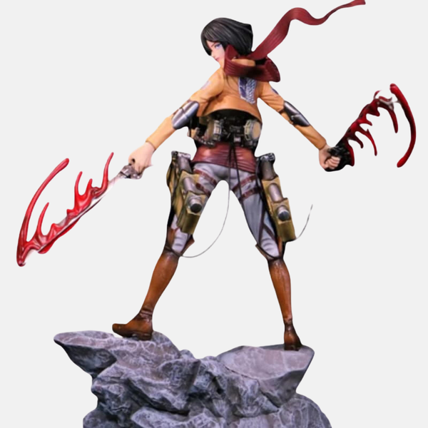 Gros plan sur le visage concentré de Mikasa Ackerman, se préparant à tirer ses Lances Foudroyantes en plein vol.