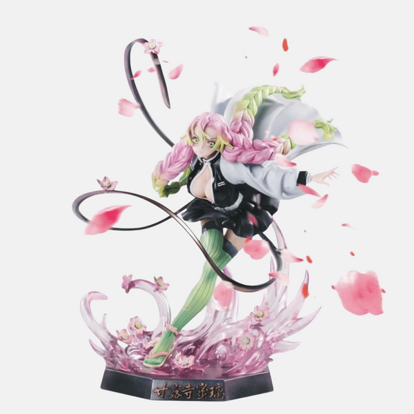 Figurine de Mitsuri Kanroji, le Pilier de l'Amour de Demon Slayer, dans une pose de combat acrobatique avec des effets roses.