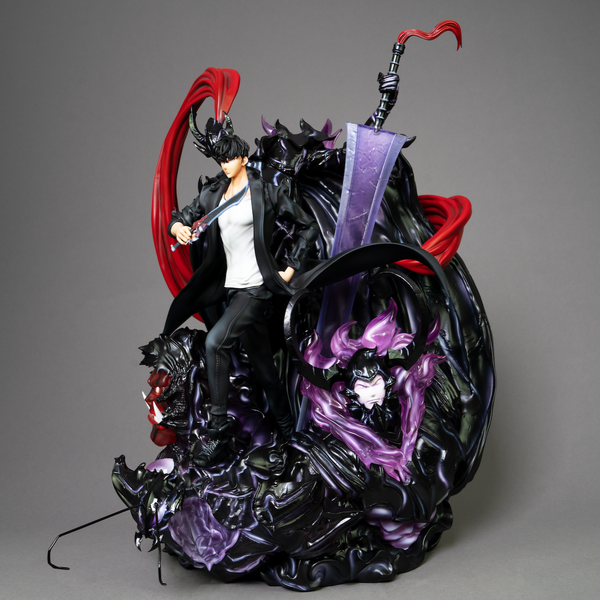 Vue de profil de la statue du Monarque des Ombres, montrant le soldat Igris et les effets d'énergie.