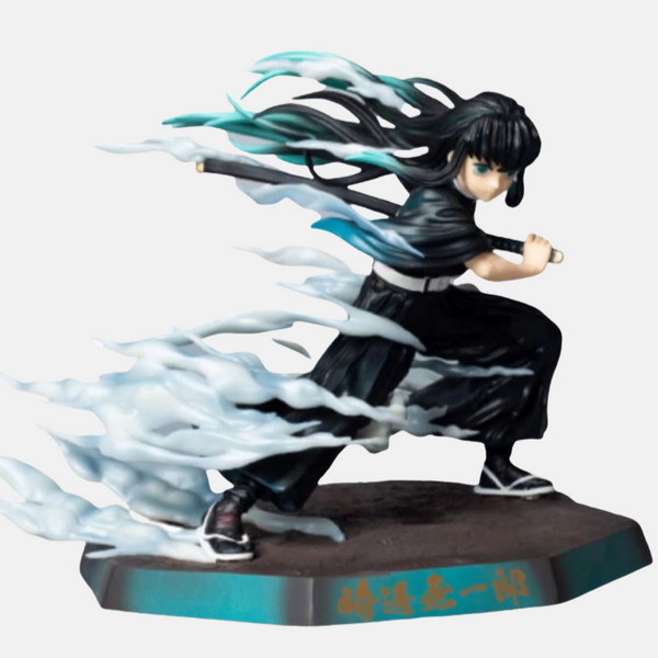 Figurine de Muichiro Tokito, le Pilier de la Brume de Demon Slayer, dans une pose d'action, glissant sur un effet de brouillard.
