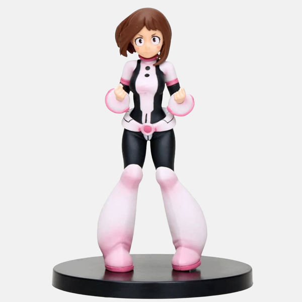 Figurine de Ochaco Uraraka de My Hero Academia, en tenue de héros, debout avec un grand sourire confiant.