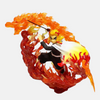 Figurine de Kyojuro Rengoku, le Pilier de la Flamme de Demon Slayer, entouré par un vortex de flammes de son Souffle.