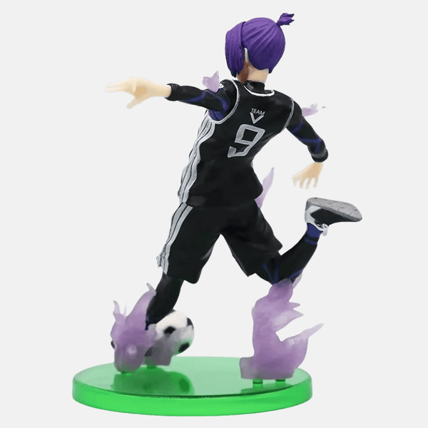 Vue arrière de la figurine de Reo Mikage, montrant son nom et son numéro 9, et la torsion de son corps en pleine action.