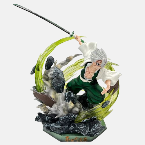Figurine de Sanemi Shinazugawa, le Pilier du Vent de Demon Slayer, exécutant son Souffle du Vent avec des effets de taillades vertes.