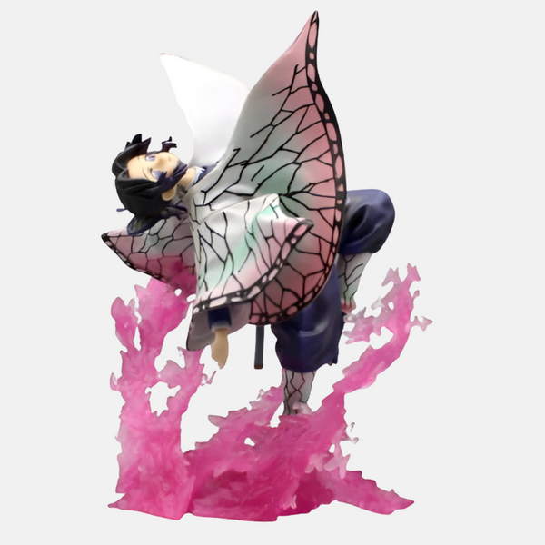 Figurine de Shinobu Kocho de Demon Slayer, flottant au-dessus d'une base de fleurs de glycine et de papillons.