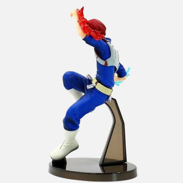 Vue arrière de la figurine de Shoto Todoroki, mettant en valeur la sculpture des flammes et de la glace sous un autre angle.