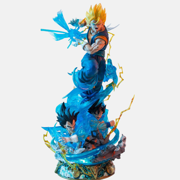 Figurine monumentale de Super Gogeta (45 cm) de Dragon Ball Z, en pose d'attaque (Stardust Breaker), vue de face.