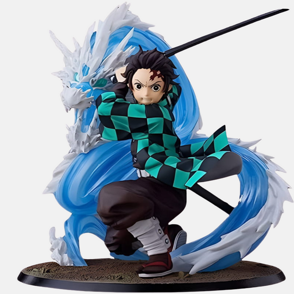 Vue de dos de la figurine de Tanjiro avec le dragon d'eau.