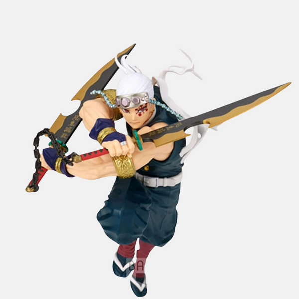 Figurine de Tengen Uzui, le Pilier du Son de Demon Slayer, dans une pose de combat acrobatique, lames croisées.