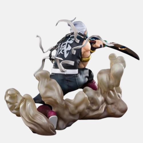 Vue de profil de la figurine Tengen Uzui, montrant sa posture basse.