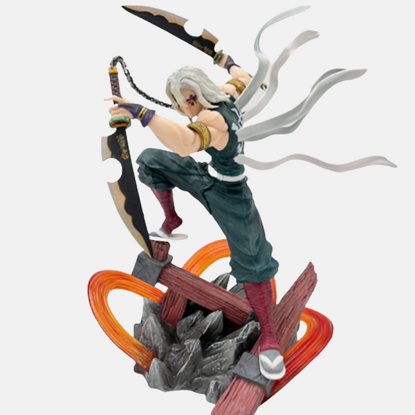 Figurine de Tengen Uzui, le Pilier du Son de Demon Slayer, dans une pose de combat acrobatique, exécutant sa technique "Partition Musicale".
