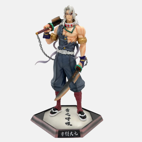 Figurine de Uzui Tengen, le Pilier du Son de Demon Slayer, dans une pose de combat dynamique avec ses doubles lames.