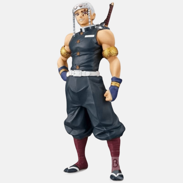 Figurine de Uzui Tengen, le Pilier du Son de Demon Slayer, dans sa tenue flamboyante avec ses doubles lames.
