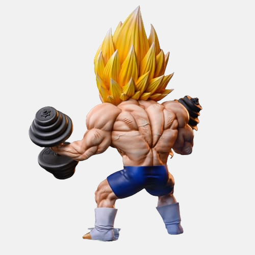 Gros plan sur la figurine Vegeta Super Saiyan 16cm soulevant des haltères.