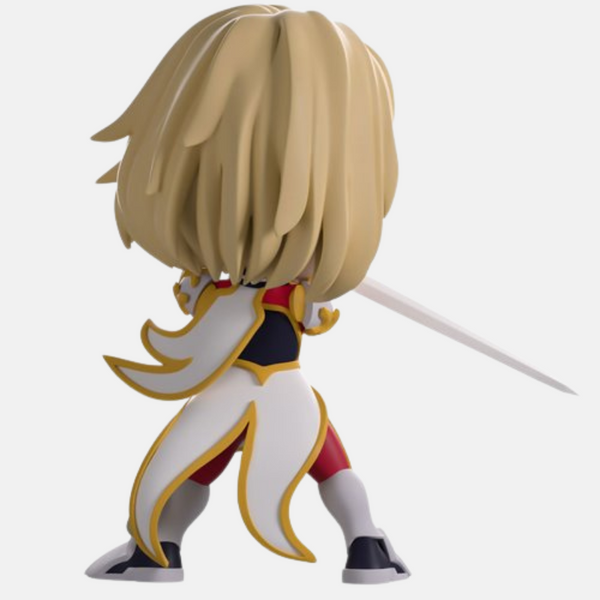 Gros plan sur la figurine vinyle de Cha Hae-In de Solo Leveling, montrant la qualité de la peinture.