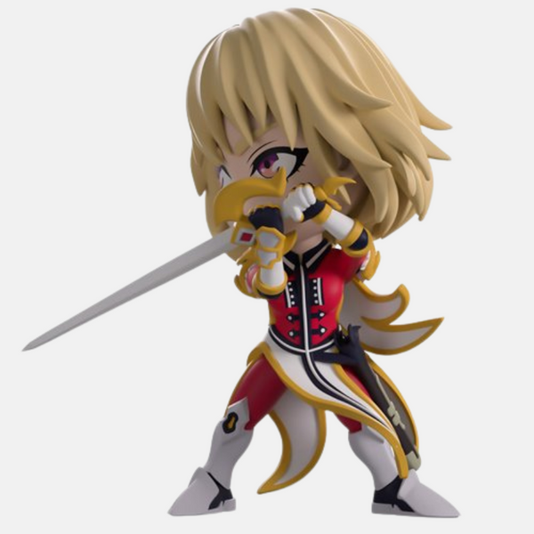 Vue de profil de la figurine vinyle de Cha Hae-In, montrant la dynamique de sa pose d'épéiste.