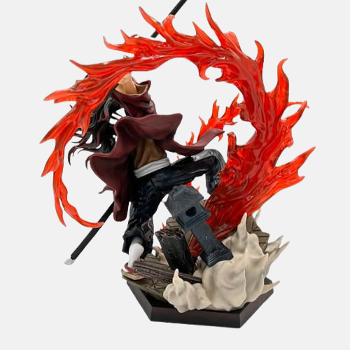 Gros plan sur le visage calme de Yoriichi au milieu des flammes.