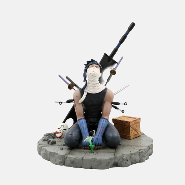 Figurine diorama de Zabuza Momochi (19cm), vue de face, tenant son épée Kubikiribōchō, avec Haku allongé à ses pieds.