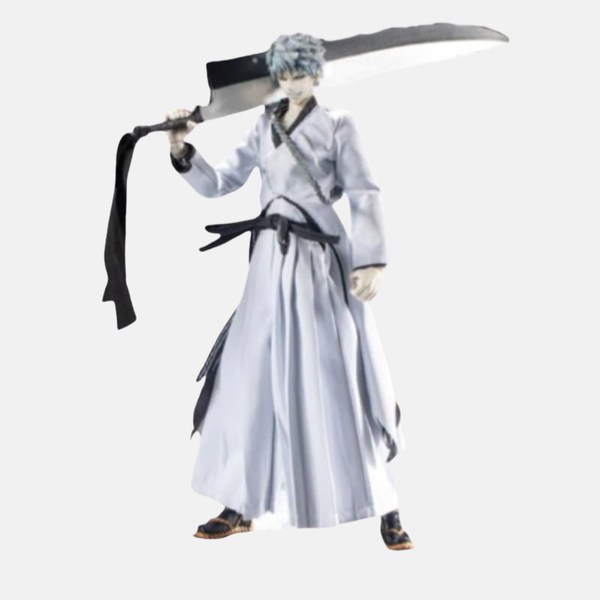 Vue de profil de la figurine Zangetsu, mettant en valeur son sourire maniaque et la taille imposante de sa lame blanche.