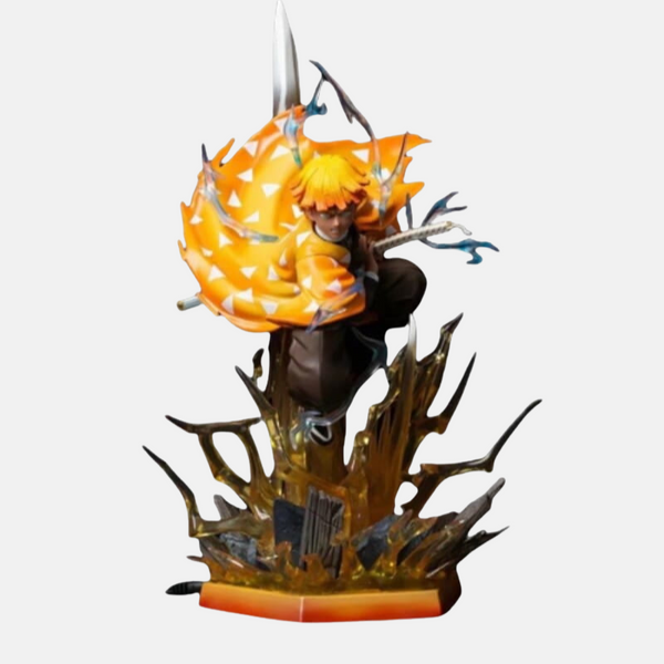 Figurine de Zenitsu Agatsuma de Demon Slayer exécutant sa Septième Forme, le Dieu de la Foudre Rugissant, entouré d'un dragon d'éclairs.
